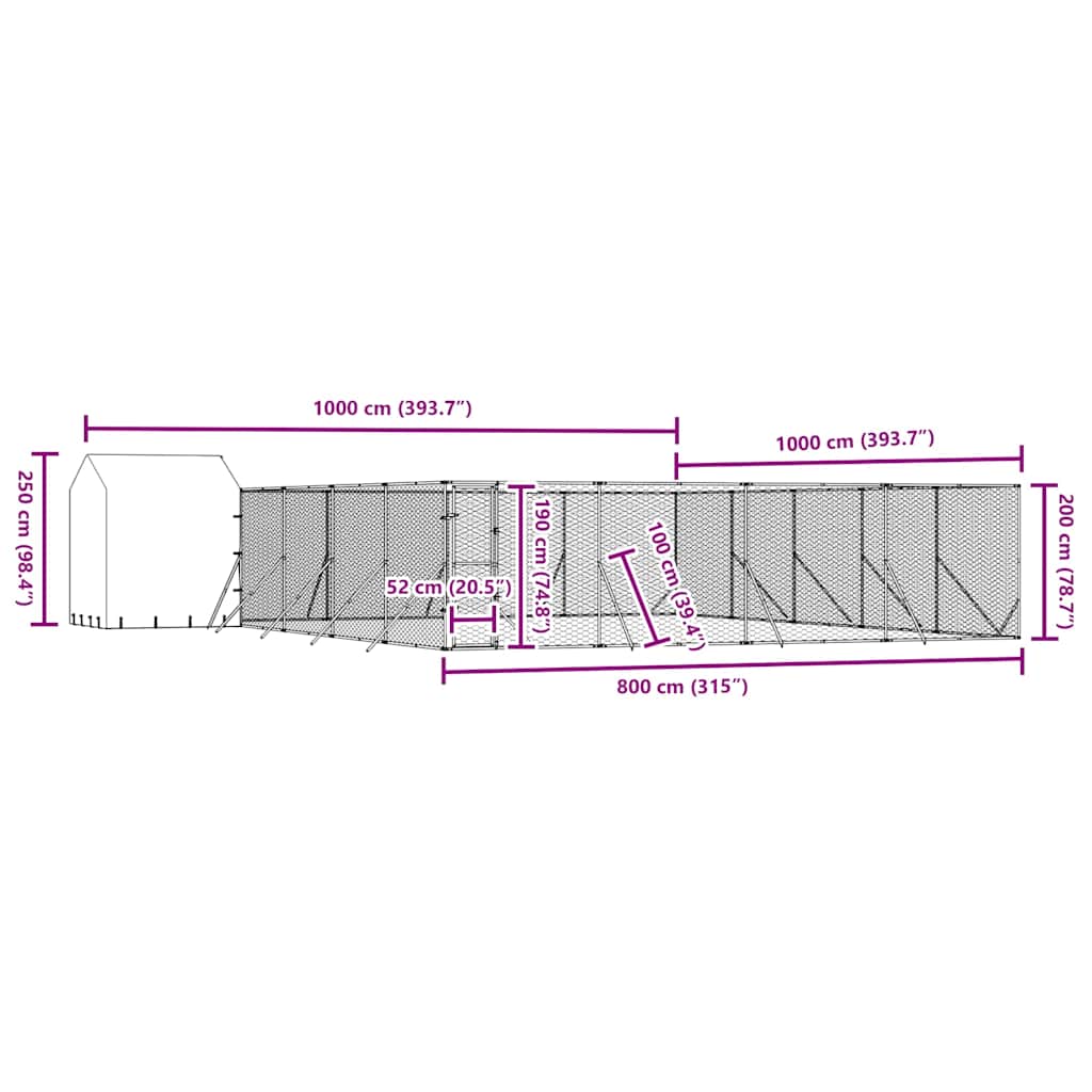 Diagram of Outdoor Dog Kennel with Roof 10x10x2. m Galvanised Steel, showing dimensions and spacious design for pets.