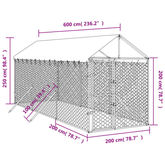 Dimensions diagram of Outdoor Dog Kennel with Roof 2x6x2.5 m Galvanised Steel, showing measurements in centimeters and inches.
