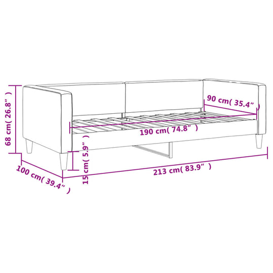 Dimensions of a dark grey 90x190 cm day bed without mattress, showcasing its versatile sofa and bed design.