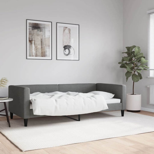 Dark grey day bed without mattress in modern living room, serving as sofa and bed, with decor and plants.