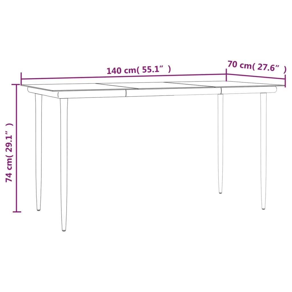 Dimensions of a garden dining table showing length, width, and height in centimeters. Ideal for outdoor spaces.