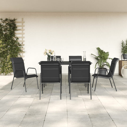 7 piece black steel garden dining set with textilene chairs, featuring a modern design in an outdoor patio setting.