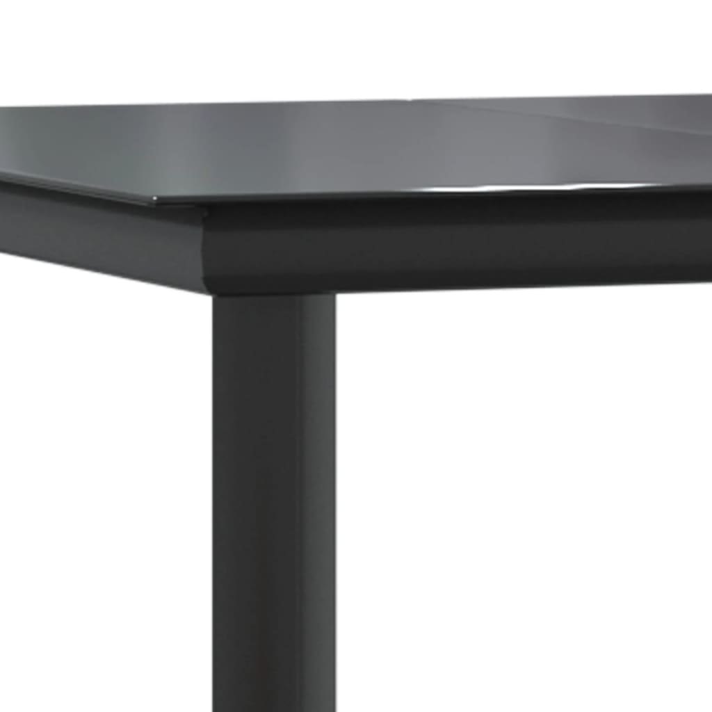 Close-up of the black steel dining table from a 7-piece garden set, showcasing its sleek design and sturdy construction.