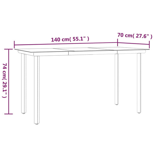 Dimensions of a rectangular outdoor dining table measuring 140 cm x 70 cm x 74 cm, suitable for garden dining sets.