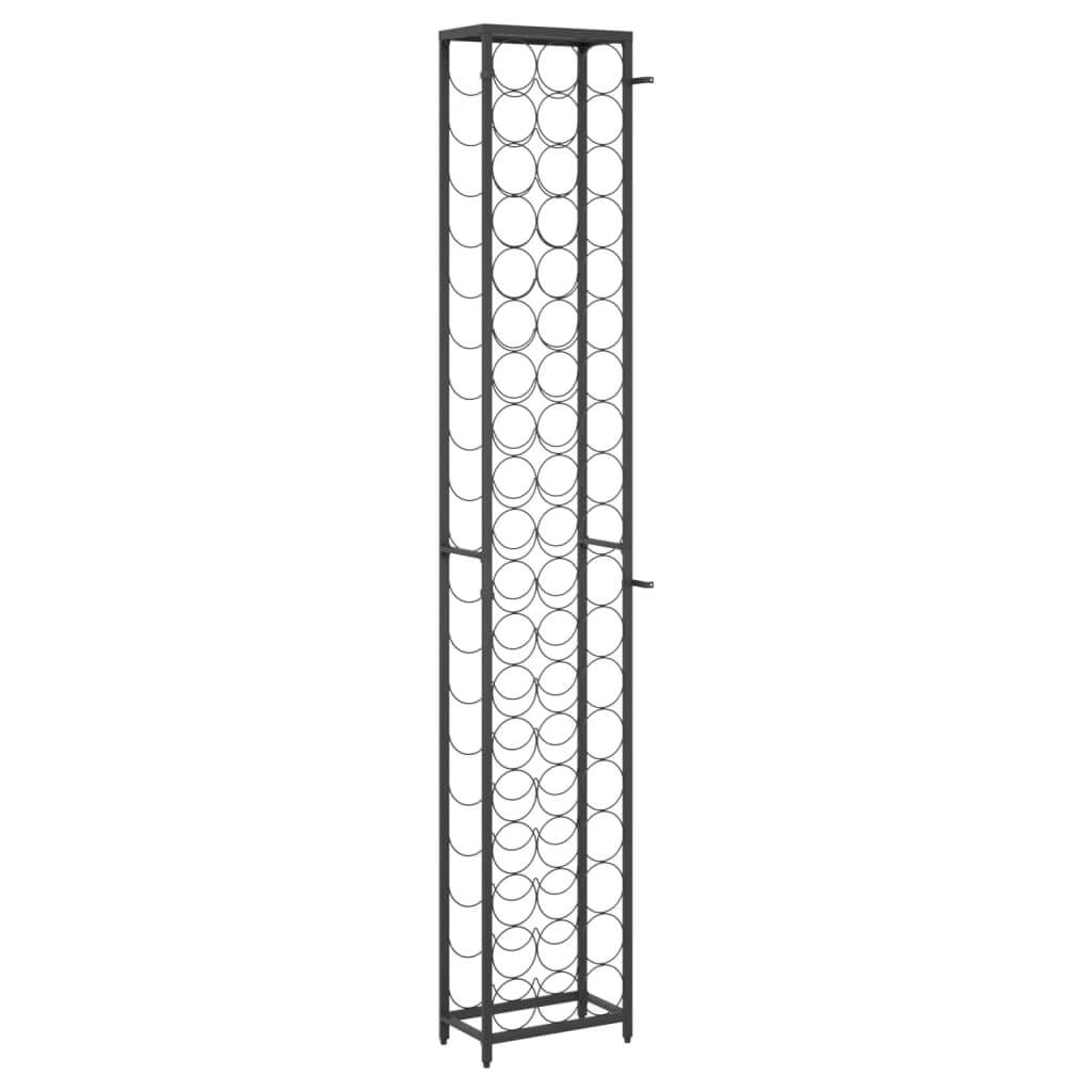 Black wrought iron wine rack for 57 bottles, ideal for stylish storage and display in any lounge or outdoor setting.