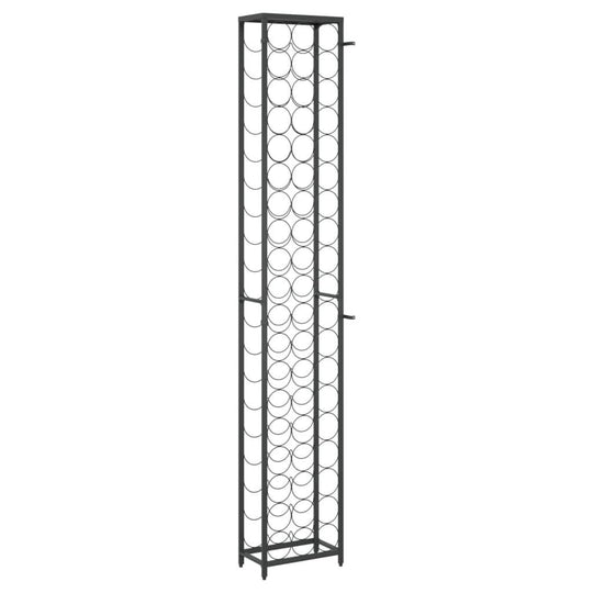 Black wrought iron wine rack for 57 bottles, ideal for stylish storage and display in any lounge or outdoor setting.