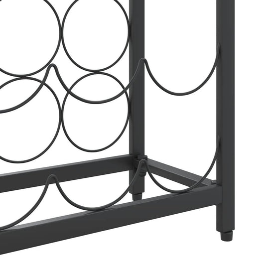 Close-up of a black wrought iron wine rack designed to hold 57 bottles, featuring a stable structure and stylish circular design.