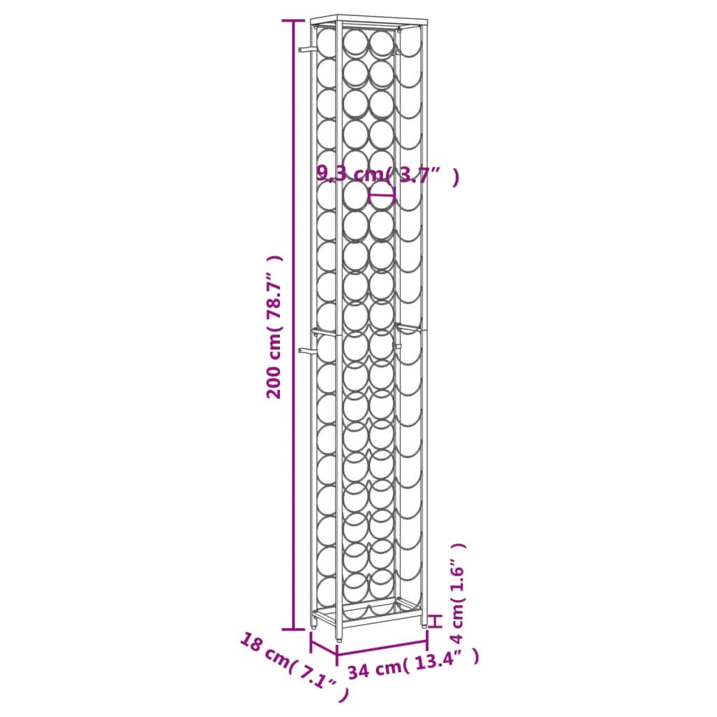 Dimensions of a black wrought iron wine rack for 57 bottles, measuring 200x34x18 cm, ideal for home storage.