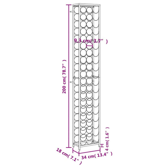 Dimensions of a black wrought iron wine rack for 57 bottles, measuring 200x34x18 cm, ideal for home storage.