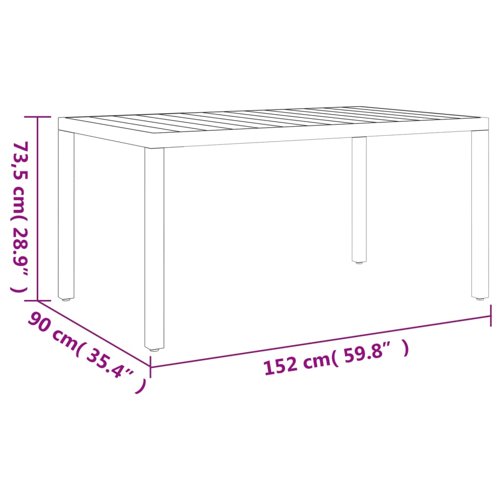 Dimensions of a 7 piece garden dining set table: 152 cm x 90 cm x 73.5 cm in a sleek black and brown aluminum design.