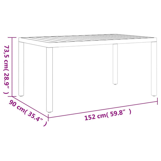 Dimensions of a 7 piece garden dining set table: 152 cm x 90 cm x 73.5 cm in a sleek black and brown aluminum design.