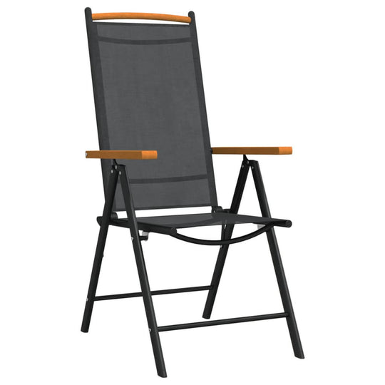 Black and brown folding garden chair with breathable textilene fabric and wooden armrests, perfect for outdoor relaxation.