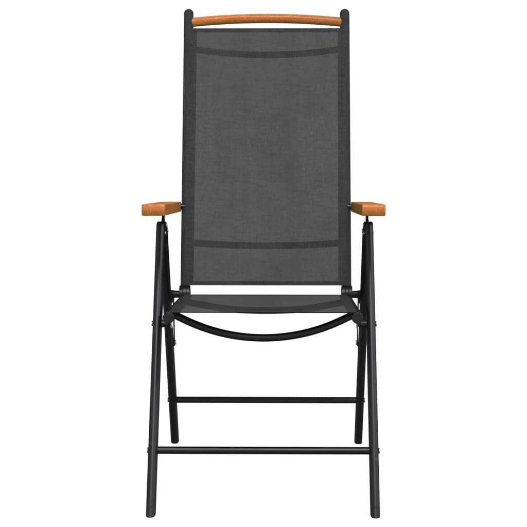 Black and brown garden dining chair with breathable textilene fabric and wooden armrests, perfect for outdoor relaxation.