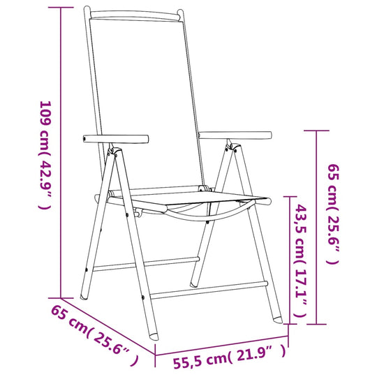 Dimensions of a reclining garden chair, highlighting height, width, and depth in centimeters and inches.