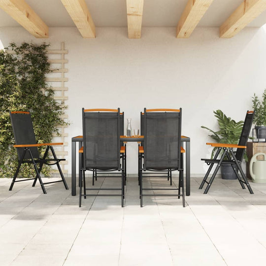 Stylish 7-piece garden dining set with black and brown aluminum chairs and table in a modern patio setting.