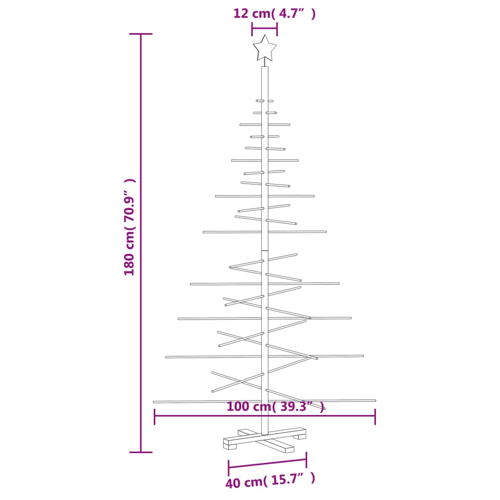 Dimensions of a 180 cm wooden Christmas tree with a star top, designed for festive home and garden decoration.