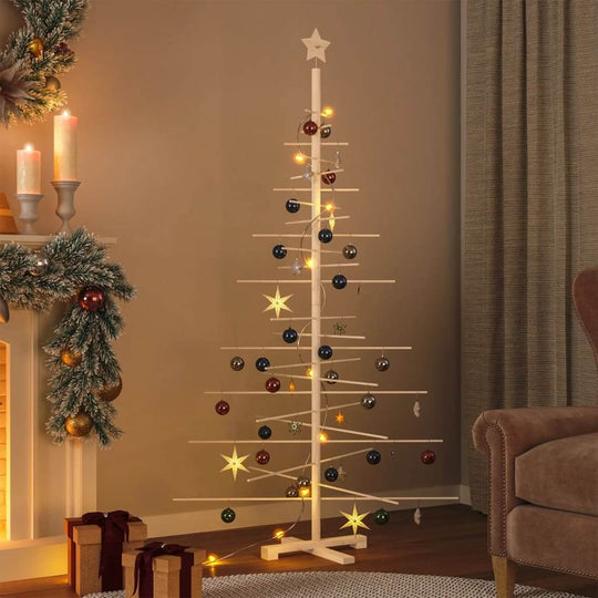 Wooden Christmas tree with lights and ornaments, adding festive charm to a cozy living room setting.