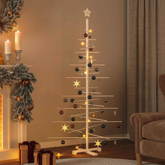 Wooden Christmas tree standing tall in a cozy living room, adorned with festive ornaments and warm lights, perfect for holiday decoration.