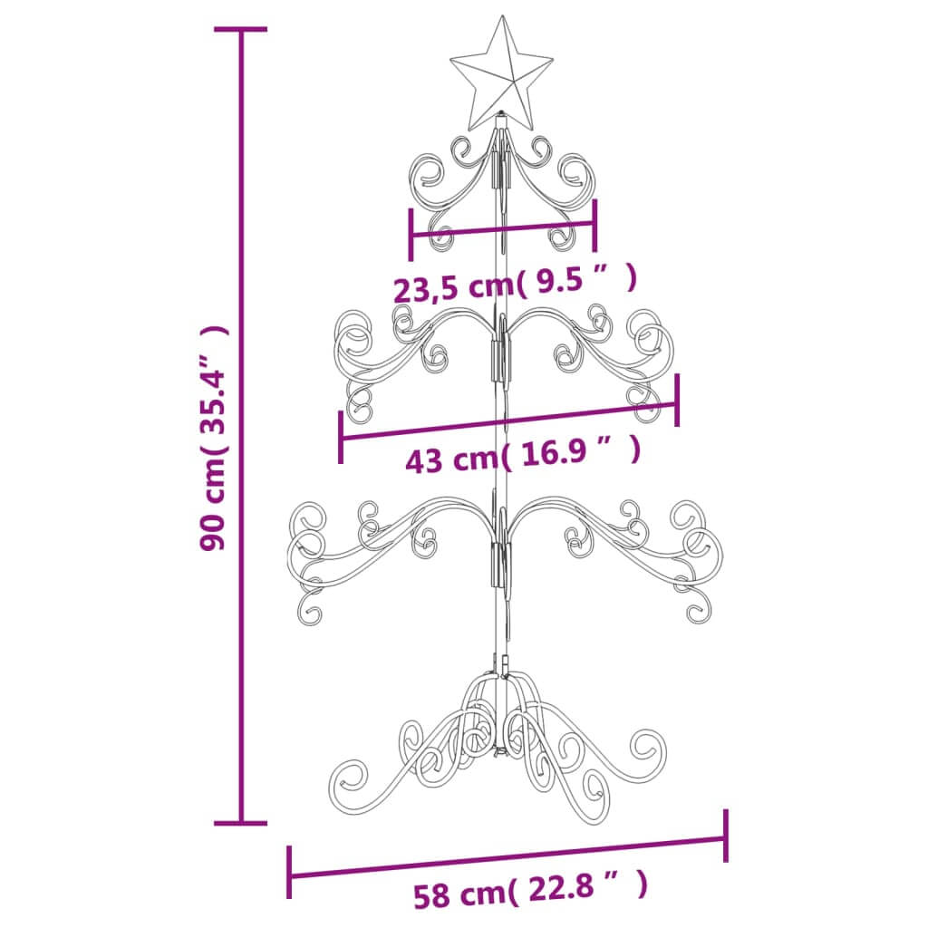 Metal Christmas tree dimensions showing height of 90 cm and decorative design features for festive DIY decorations.