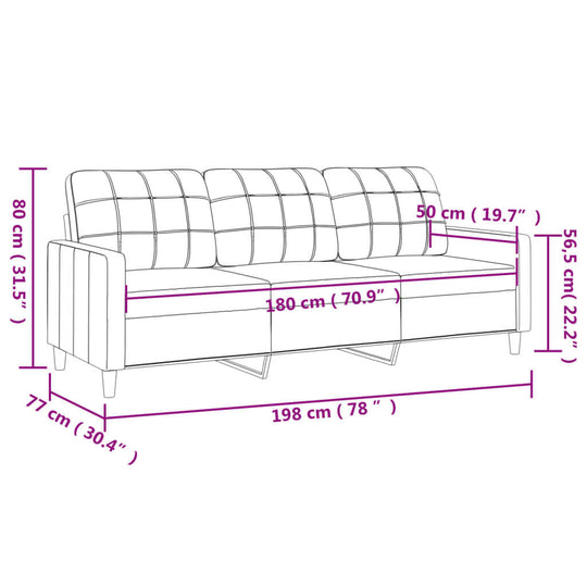 Dimensions of a 3-seater dark grey sofa, measuring 180 cm in width, 80 cm in height, ideal for lounge furniture.