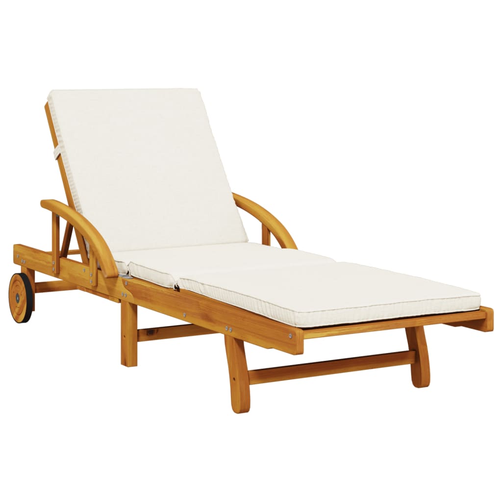 Solid wood acacia sun lounger with white cushion, perfect for outdoor relaxation and comfort.