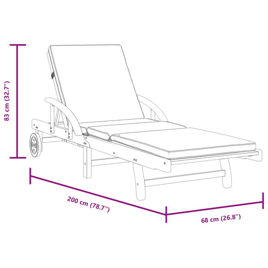 Sun lounger dimensions: 200x68x83 cm, featuring acacia wood structure and manual reclining function for outdoor relaxation.