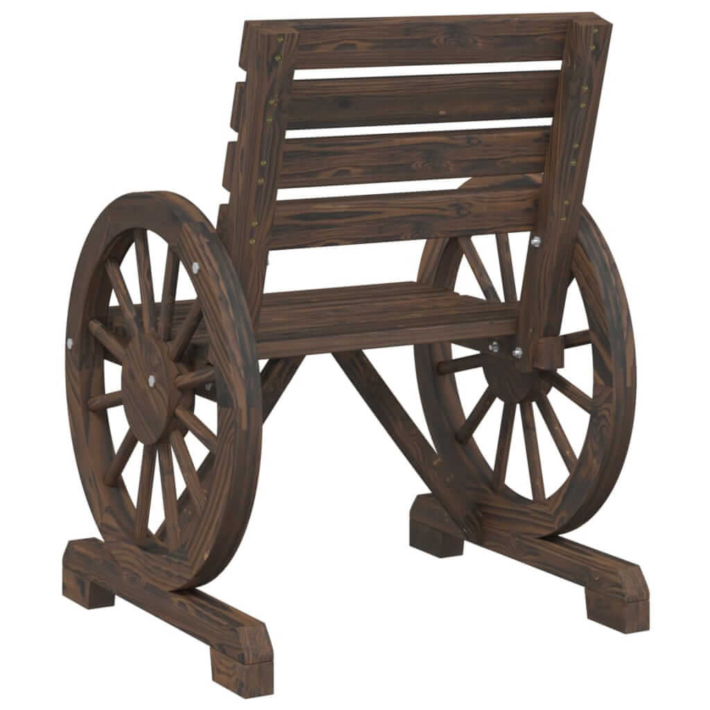 Rustic wooden garden chair with wagon wheel design, perfect for outdoor furniture and adding charm to patios and terraces.