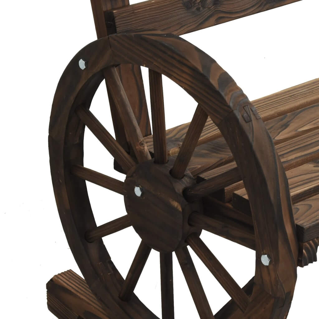 Close-up of a rustic wooden garden chair wheel design, showcasing solid fir wood craftsmanship for outdoor furniture.