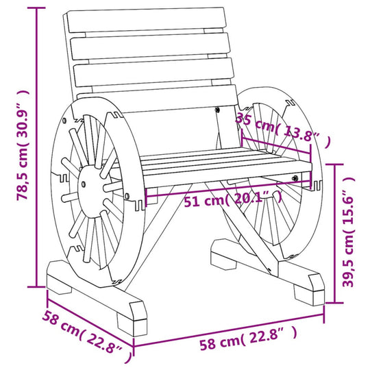 Dimensions of a wooden garden chair with wheel design, ideal for outdoor furniture and lounge areas.