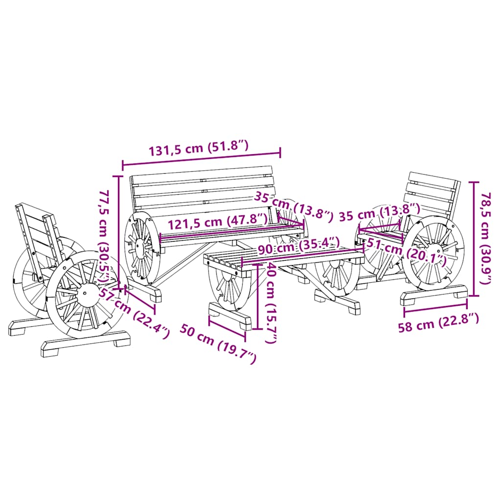 طقم جلوس حديقة مكون من 4 قطع من خشب التنوب الصلب