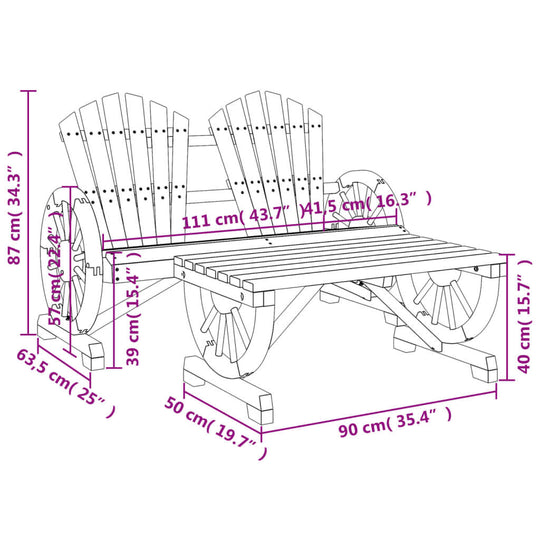 Dimensions of a 2 piece garden lounge set, solid wood fir, featuring intricate Adirondack design and sturdy wheel structure.