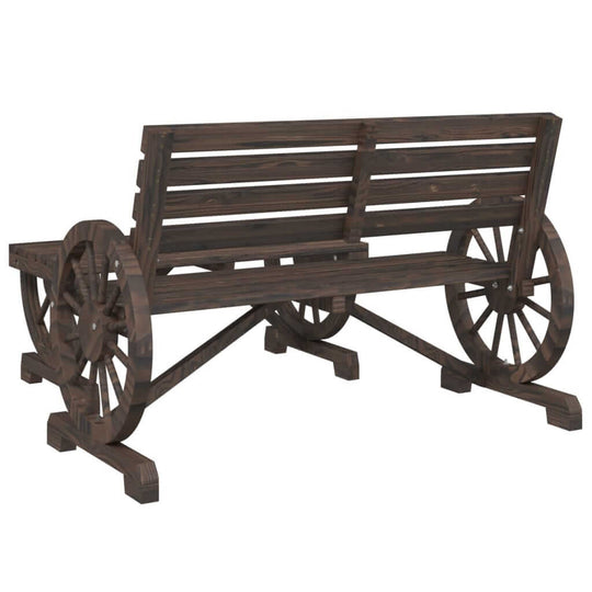 Rustic wooden garden bench with wagon wheel design, perfect for outdoor relaxation and decoration.