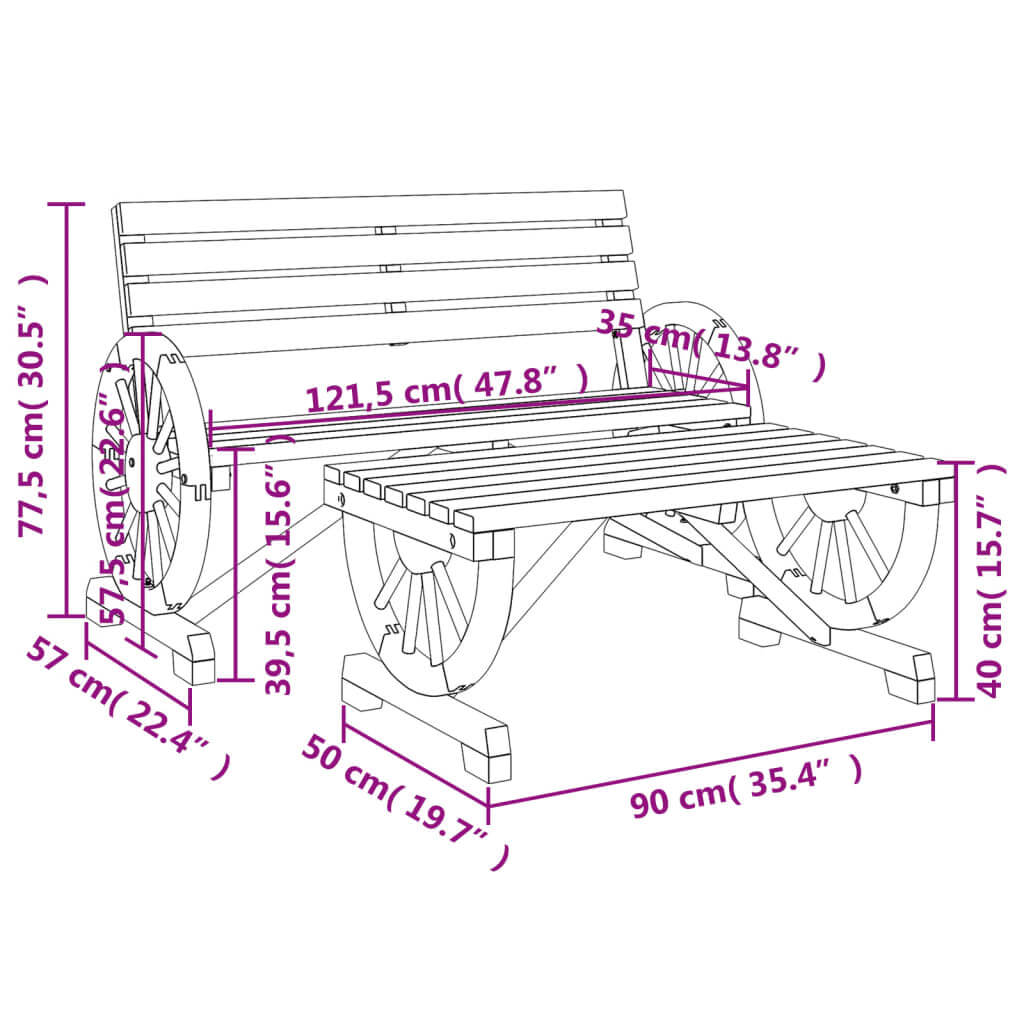 Dimensions of a 2 Piece Garden Lounge Set with solid wood fir, featuring a unique design with wheels and ergonomic seating.