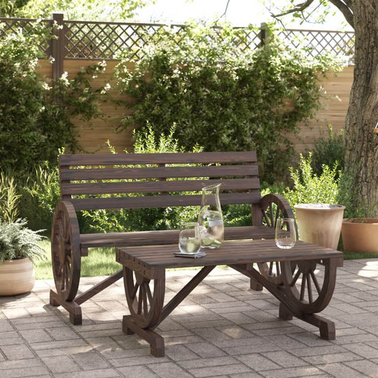 Rustic solid wood garden lounge set with wagon wheel design, perfect for relaxing in the patio or garden.