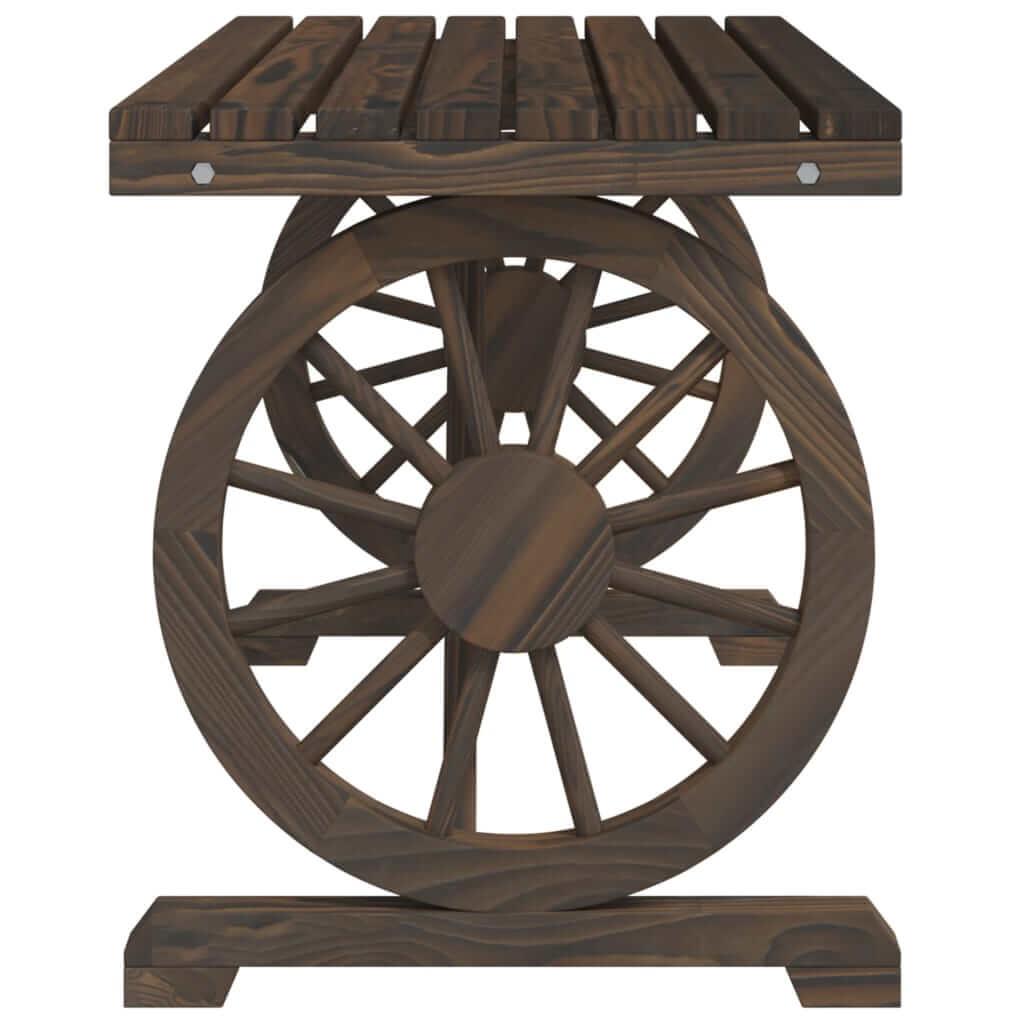 Rustic wooden garden table with a wheel design, perfect for outdoor dining and enhancing patio decor.