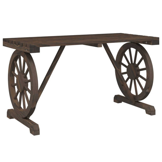 Rustic solid wood garden table with wheel design, perfect for outdoor dining and enhancing your patio or garden space.