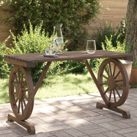 Garden table made of solid fir wood with wheel-shaped legs, perfect for outdoor dining, surrounded by greenery.