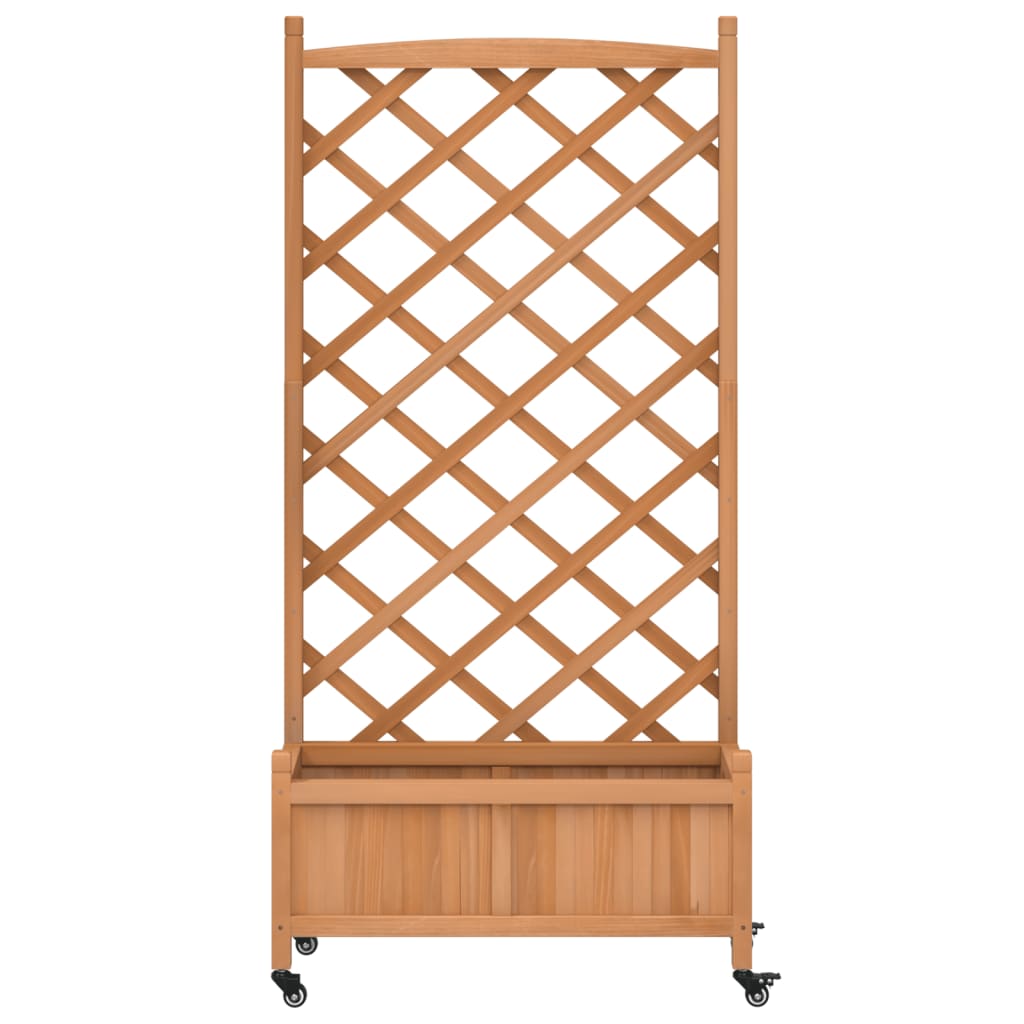 Wooden planter with trellis and wheels, perfect for climbing plants in outdoor spaces, made of solid fir wood.