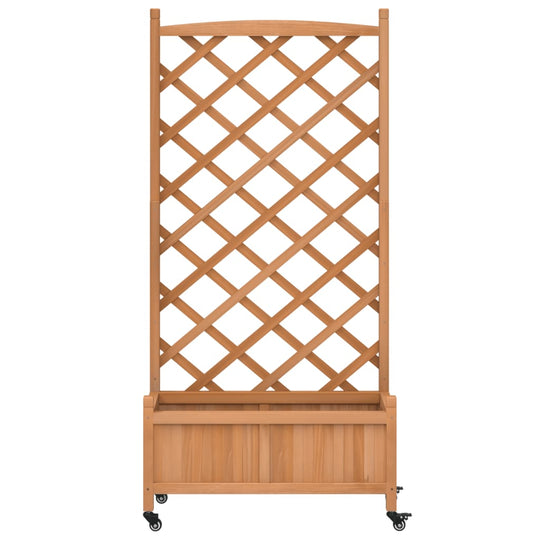 Wooden planter with trellis and wheels, perfect for climbing plants in outdoor spaces, made of solid fir wood.