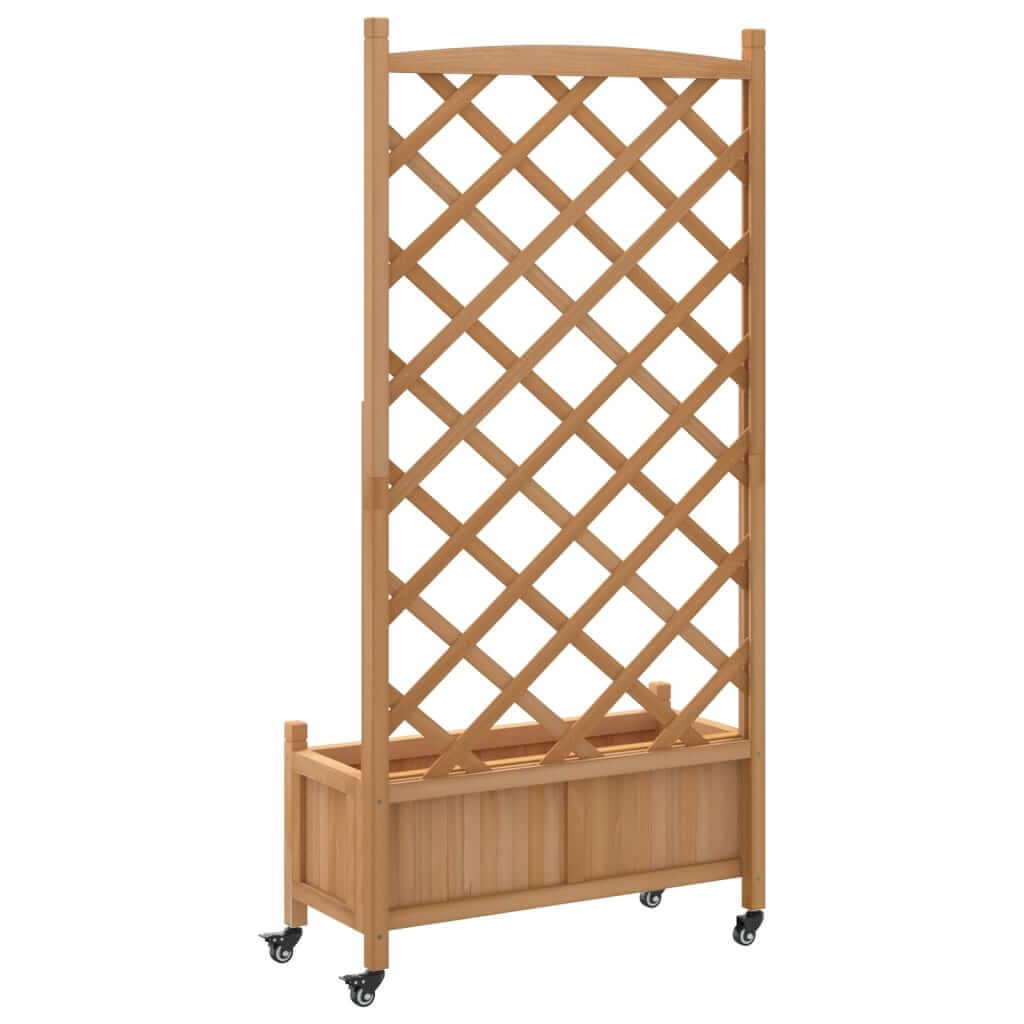 Brown solid wood planter with trellis on wheels for outdoor garden use. Ideal for climbing plants and patio decoration.