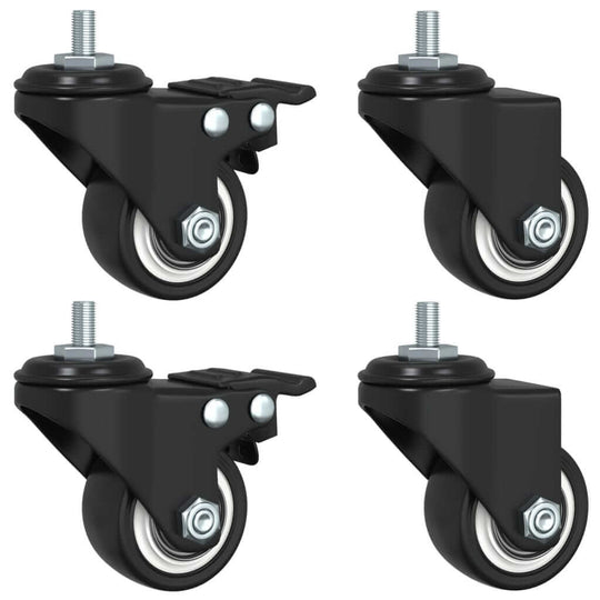 Set of four black swivel casters with metal brackets for easy mobility of furniture and planters.