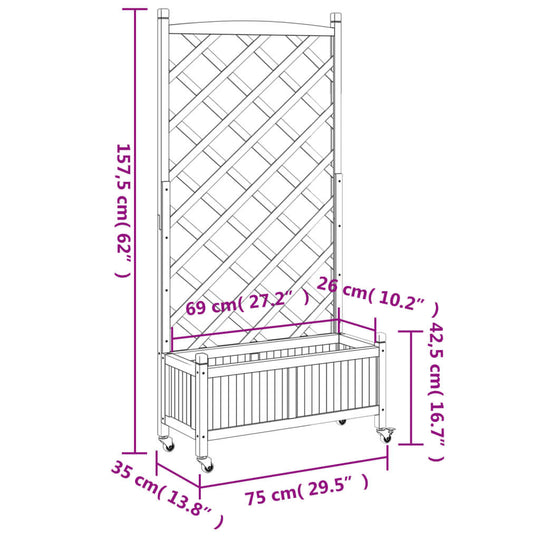 Dimensions of a brown solid wood planter with trellis and wheels, ideal for outdoor gardens and climbing plants.