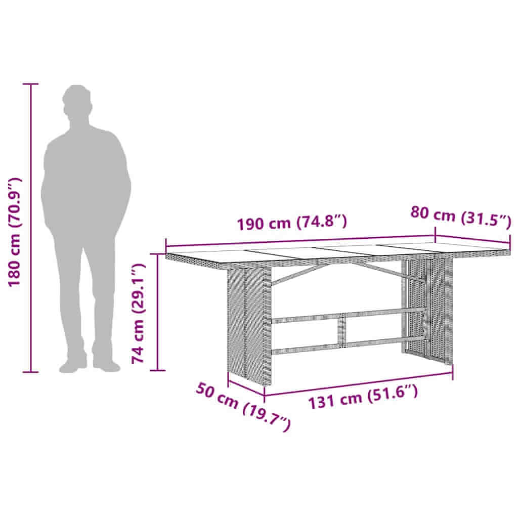 طاولة حديقة بسطح زجاجي 190×80×74 سم مصنوعة من البولي راتان