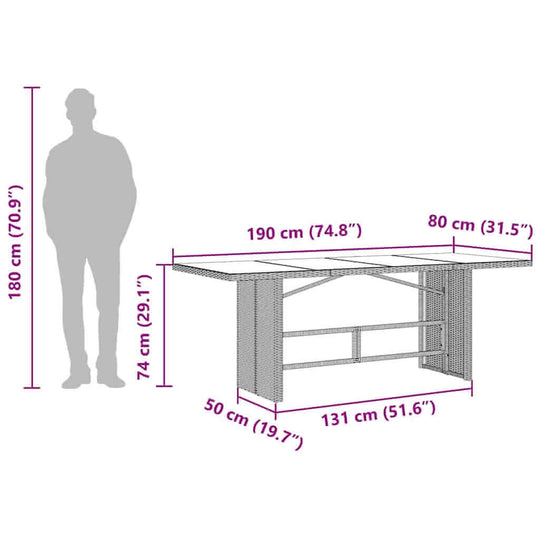طاولة حديقة بسطح زجاجي 190×80×74 سم مصنوعة من البولي راتان
