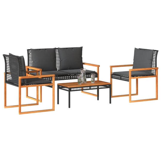 4 Piece Garden Lounge Set with Black Poly Rattan Cushions and Wooden Frames, Perfect for Outdoor Relaxation and Socializing.