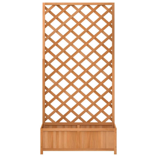 Wooden planter with trellis for climbing plants, made of solid fir wood, ideal for outdoor furniture and garden decor.