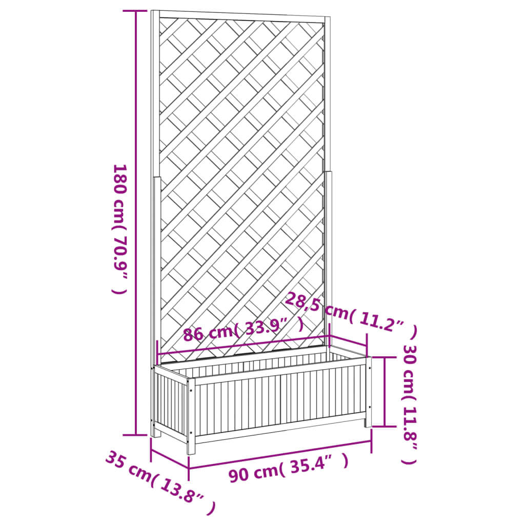 Dimensions of a brown solid wood fir planter with trellis, suitable for climbing plants in outdoor spaces.