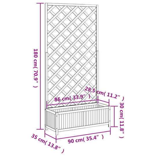 Dimensions of a brown solid wood fir planter with trellis, suitable for climbing plants in outdoor spaces.