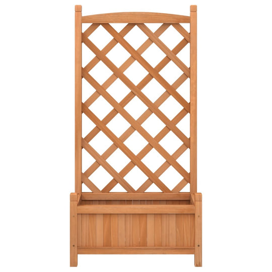 Wooden planter with trellis in a natural finish, ideal for climbing plants and outdoor decor.