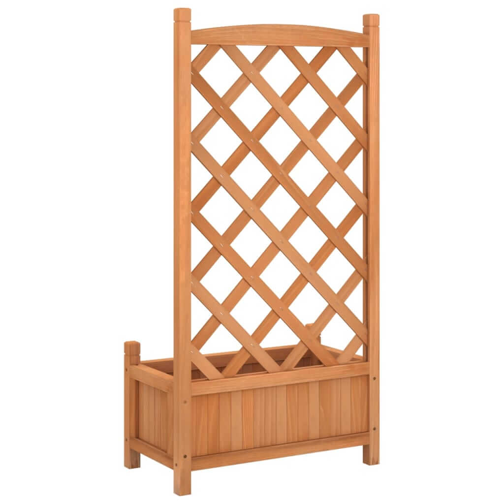 Brown solid wood planter with trellis, perfect for climbing plants in outdoor gardens and patios.